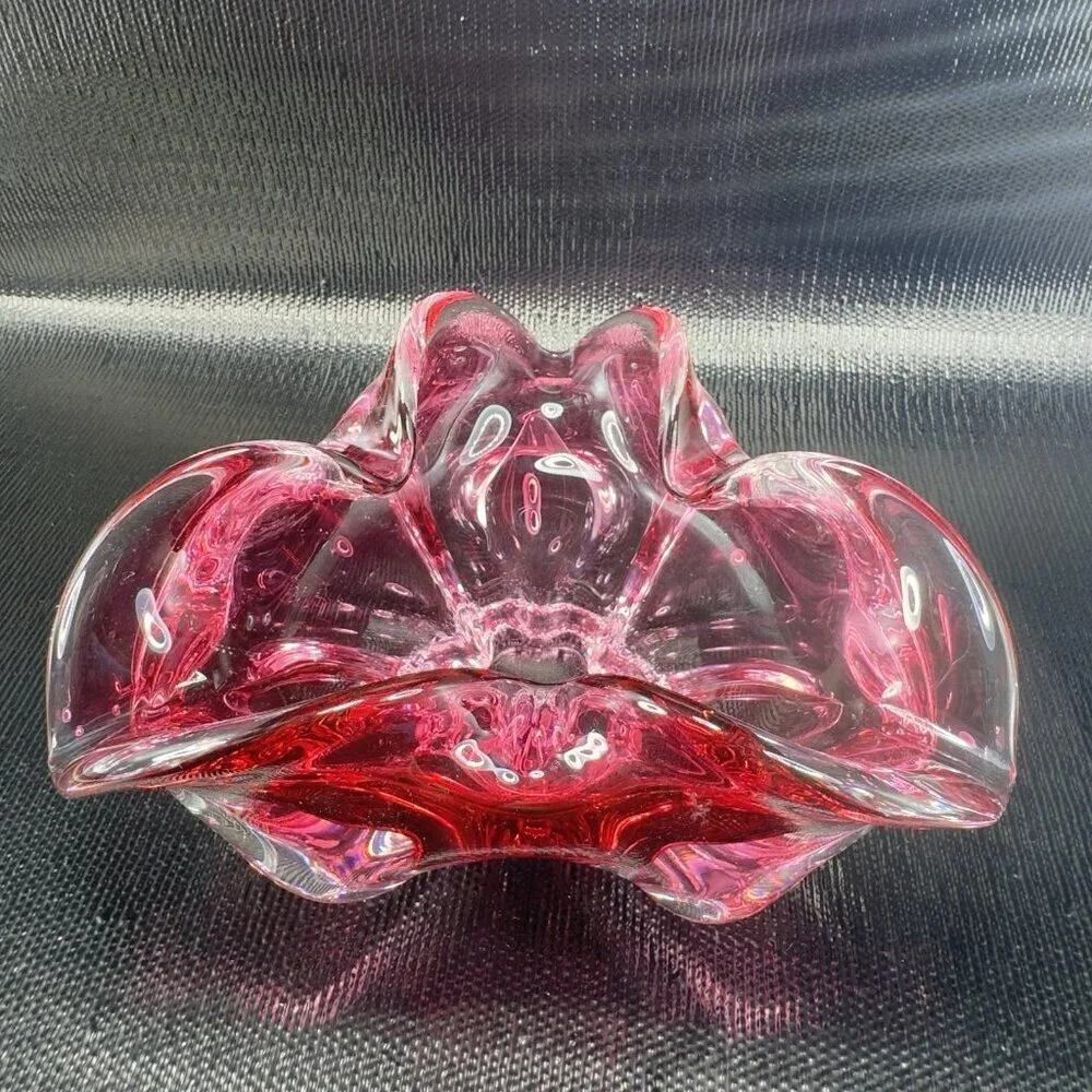 Hand Blown Bohemian Cranberry Art‎ Glass Dish Bowl Folded Edges Original Sticker